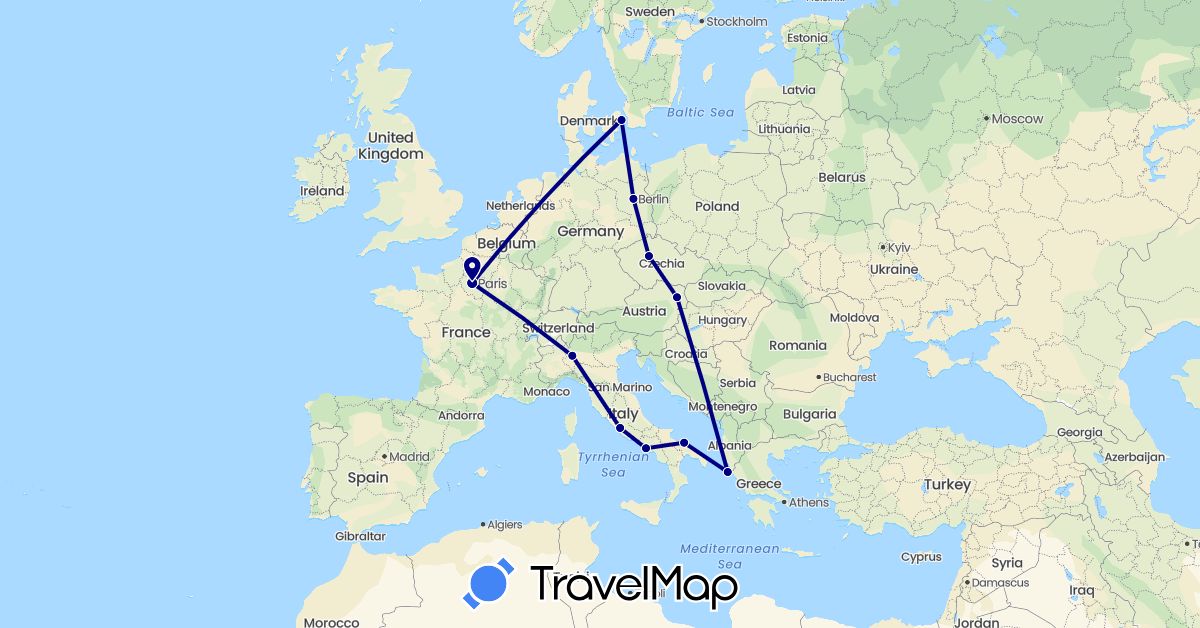 TravelMap itinerary: driving in Austria, Czech Republic, Germany, Denmark, France, Greece, Italy (Europe)